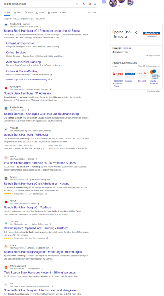 Google Suchergebnisseite: Sparda Bank Hamburg vom März 2023