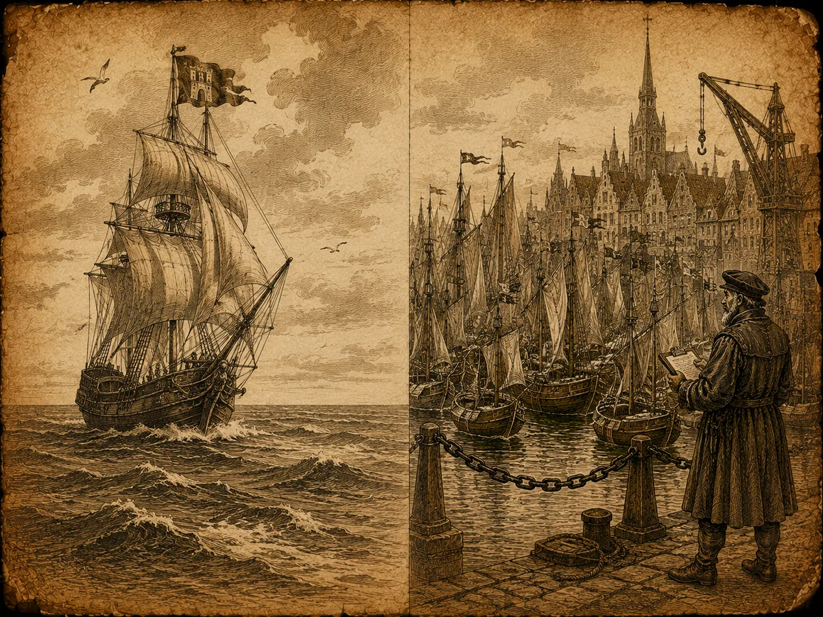 Kupferstich: links ein eigenes Segelschiff mit gehisster Flagge vor offener See, rechts ein voller Gasthafen mit vielen gleich aussehenden Booten hinter einer Hafenkette