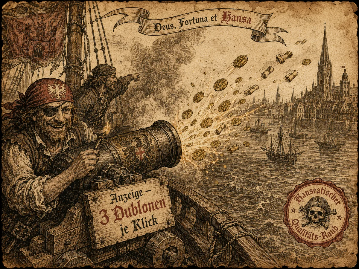 Hansa-Pirat mit Kanone die Gold-Dublonen abfeuert Richtung Hamburger Silhouette, Schild „Anzeige – 3 Dublonen je Klick
