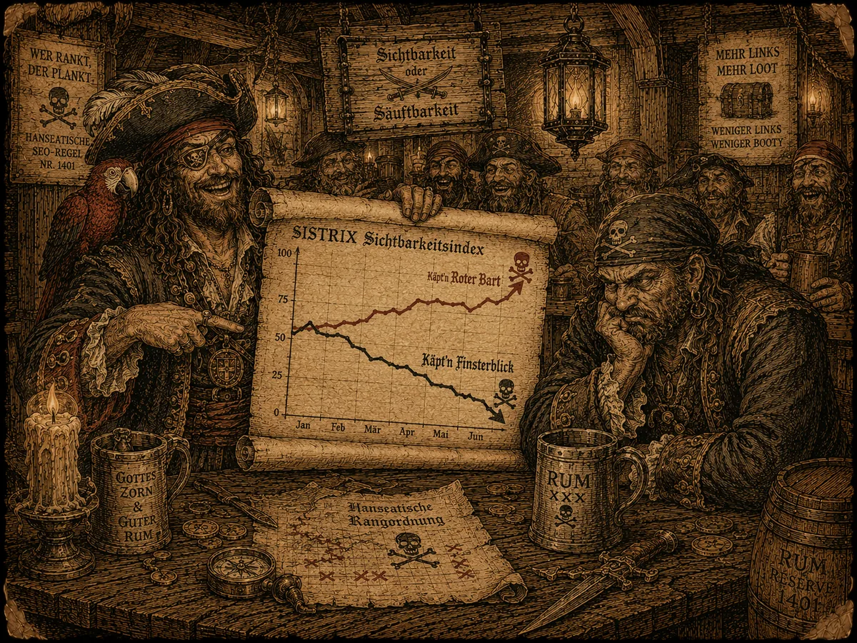 Zwei Piraten-Kapitäne in einer Hafentaverne, einer präsentiert ein Sichtbarkeitschart mit steigender Kurve, der Konkurrent trinkt frustriert Rum