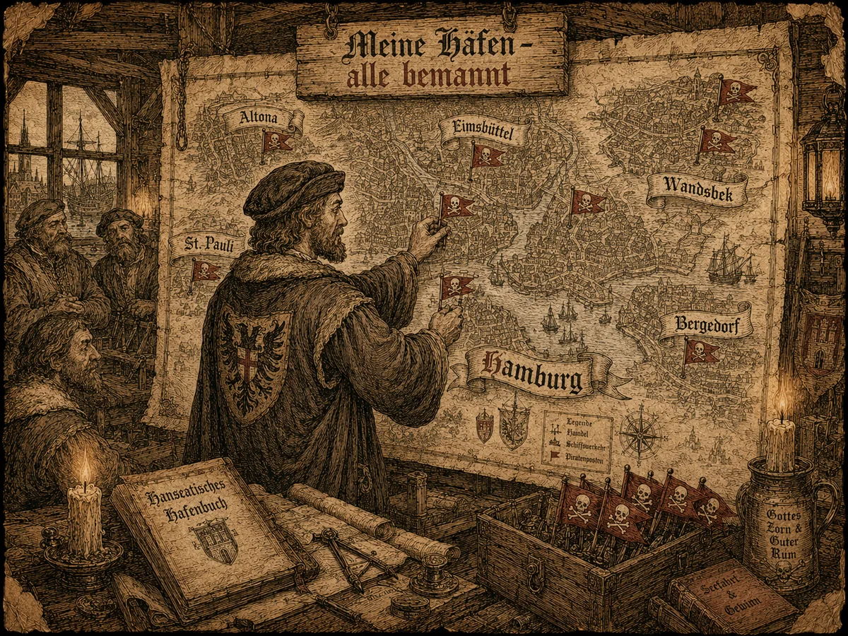 Hanseatischer Kartograph pinnt kleine rote Piraten-Fähnlein auf eine große Wandkarte von Hamburg mit Stadtteilen Altona, Eimsbüttel, St. Pauli, Wandsbek, Bergedorf, Schild „Meine Häfen – alle bemannt