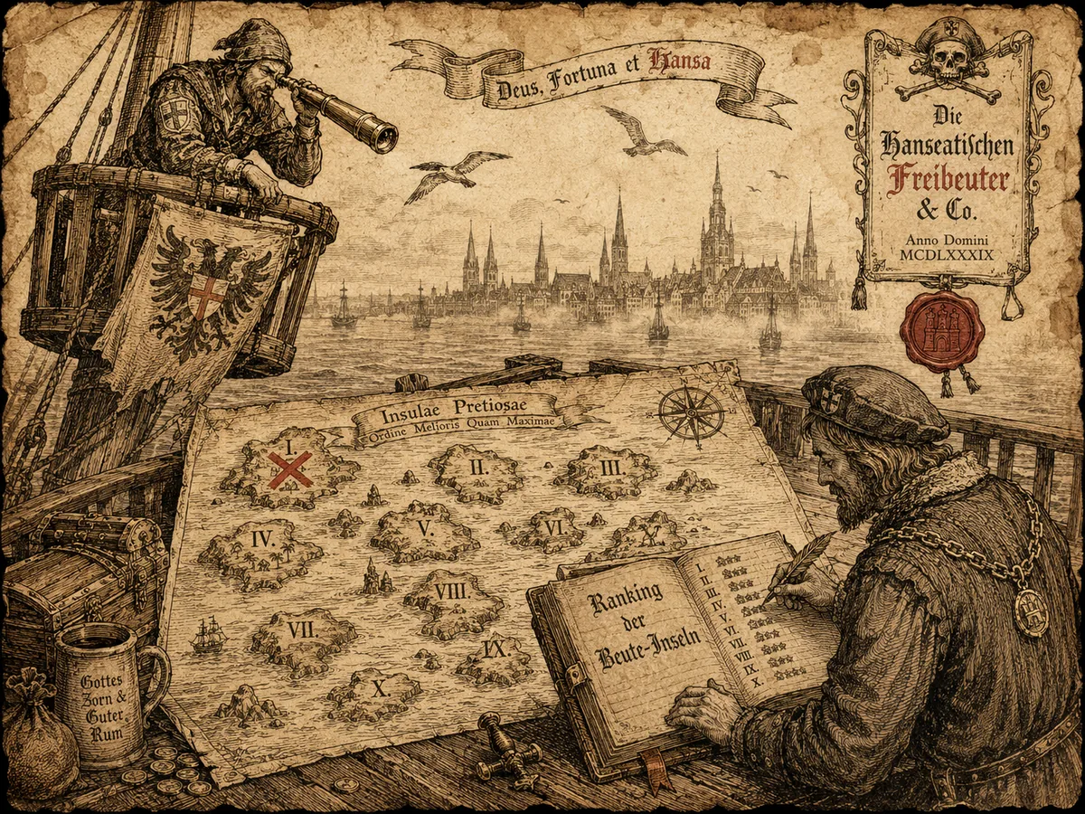 Hanseatischer Kartograph beim Ranking der zehn Beute-Inseln mit rotem X auf Insel Nummer eins, Pirat mit Fernrohr im Krähennest, Hamburg-Silhouette im Hintergrund