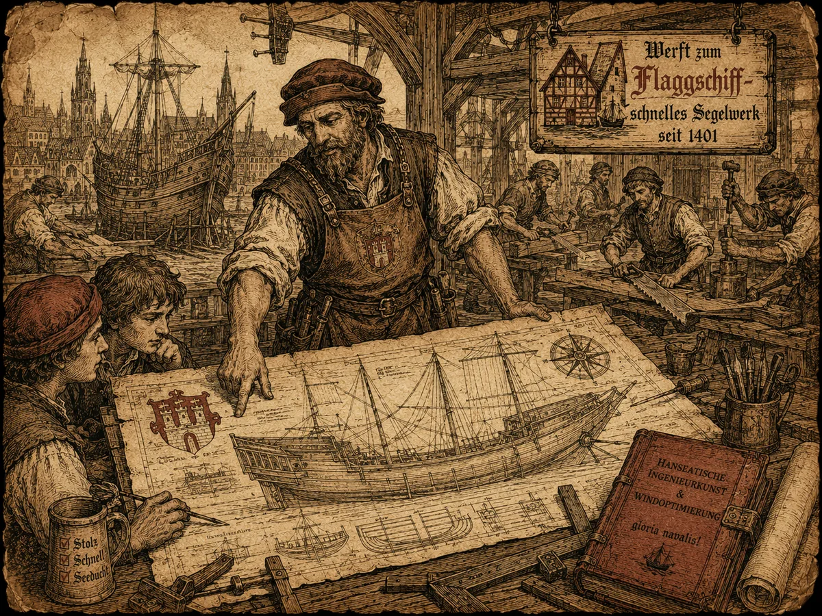 Hanseatische Werft im Hamburger Hafen, Meister-Schiffszimmerer zeigt jungen Gesellen den Bauplan eines modernen Segelschiffs, Werft-Schild Werft zum Flaggschiff – schnelles Segelwerk seit 1401