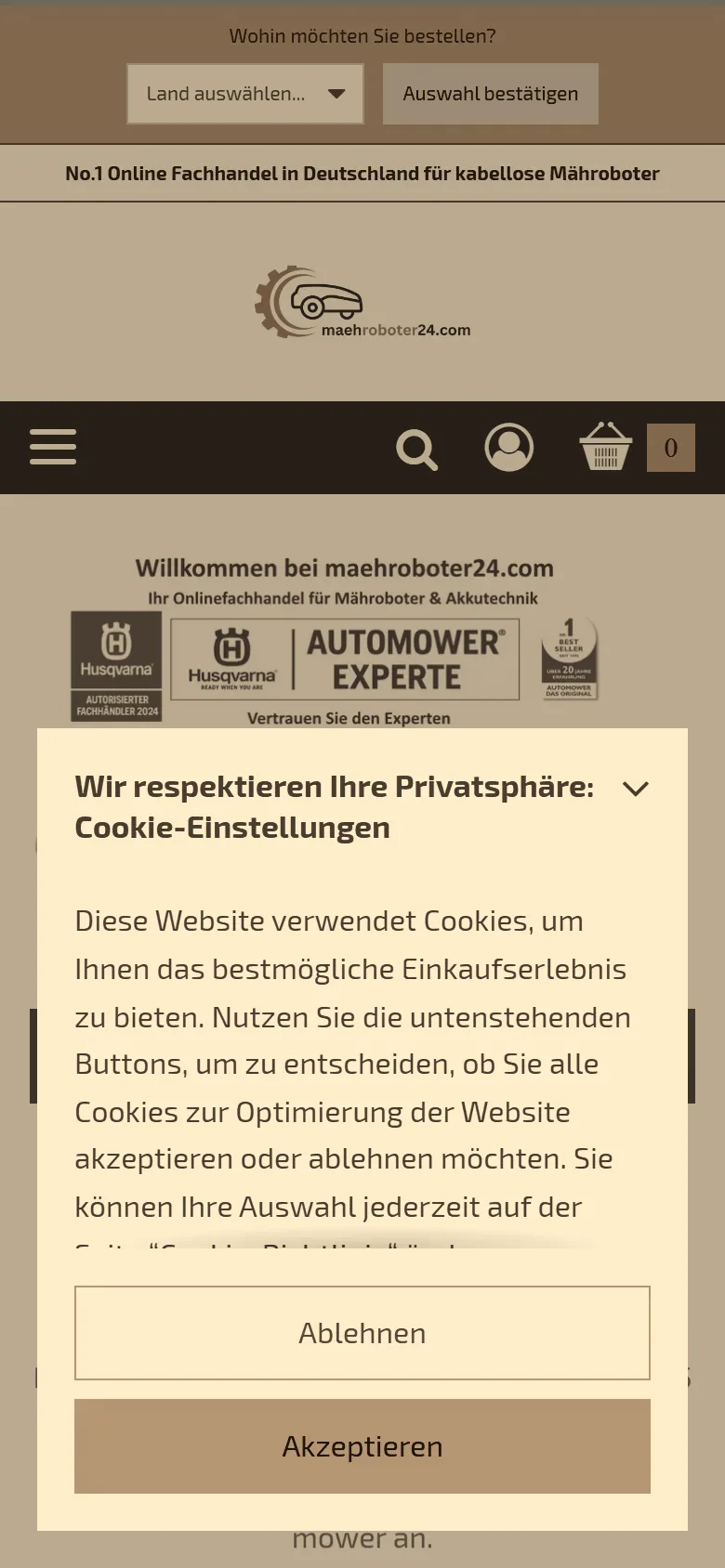 Startseite maehroboter24.com auf dem Smartphone