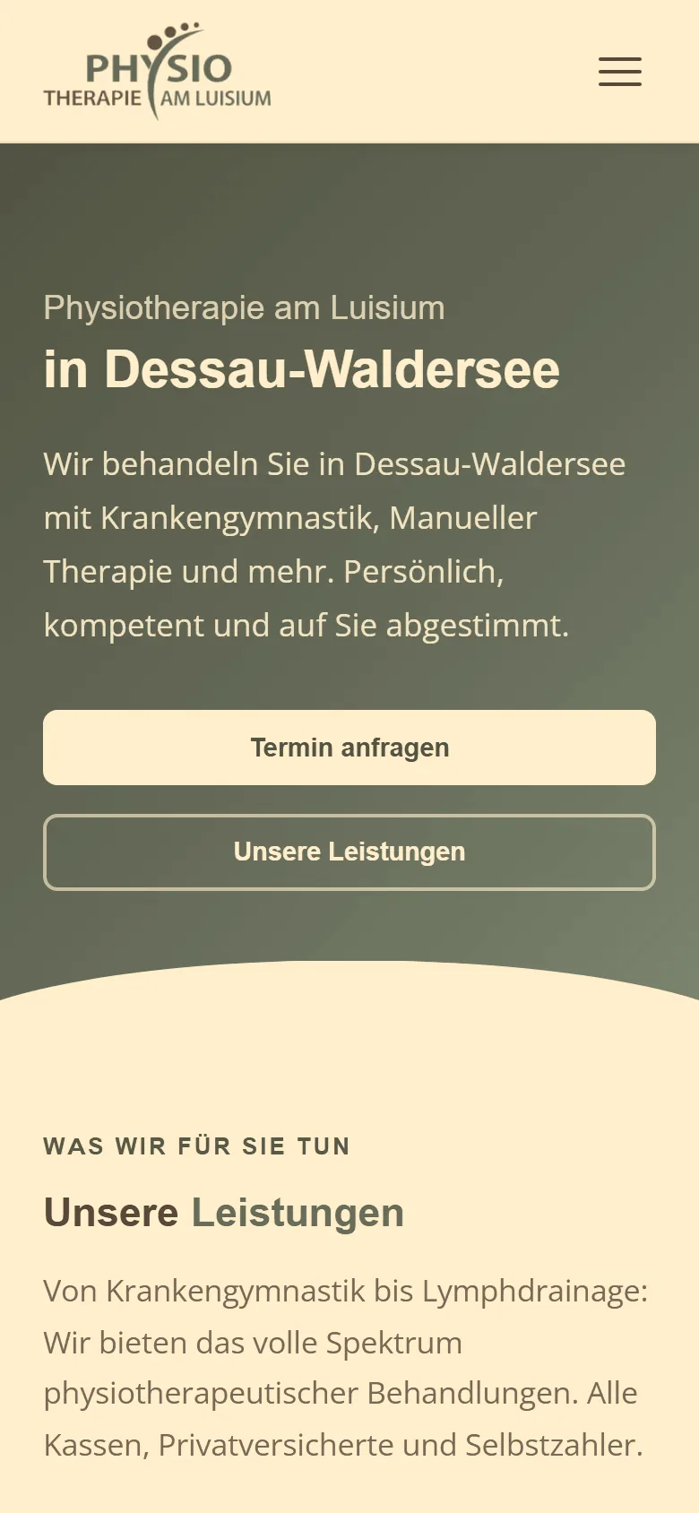 Startseite physiotherapie-am-luisium.de auf dem Smartphone
