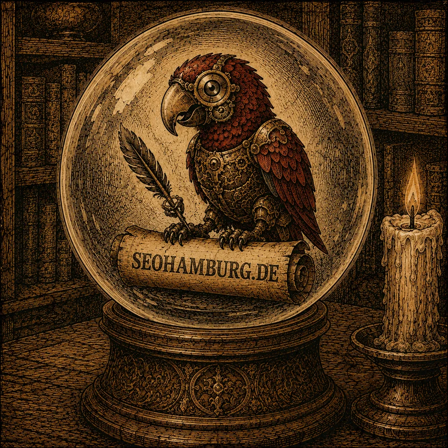 Steampunk-Papagei mit mechanischem Auge und Federkiel auf einer Schriftrolle mit dem Schriftzug SEOHAMBURG.DE, präsentiert in einer Kristallkugel auf hölzernem Sockel, daneben eine brennende Kerze und Bücherregale im Hintergrund